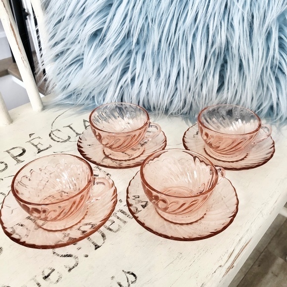 Arcoroc of‎ France, Rosaline, Pink Swirl, Demitasse, Cup and Saucer, Set of 4 - Picture 1 of 11